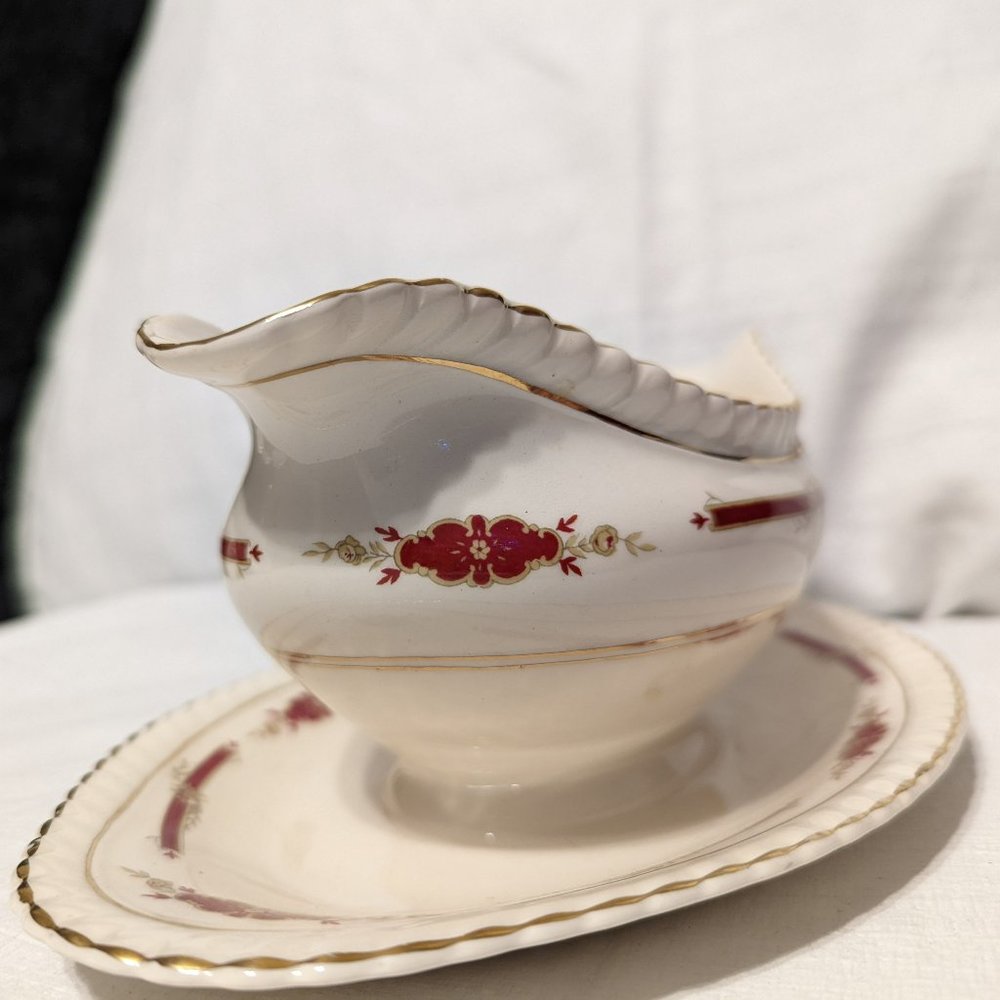 Guildford Maroon Ironstone China, Attached Gravy Boat